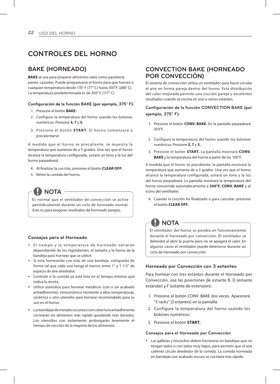 Controles del horno, Bake (horneado), Nota | Convection bake (horneado por convección) | LG LRE3027ST User Manual | Page 64 / 88