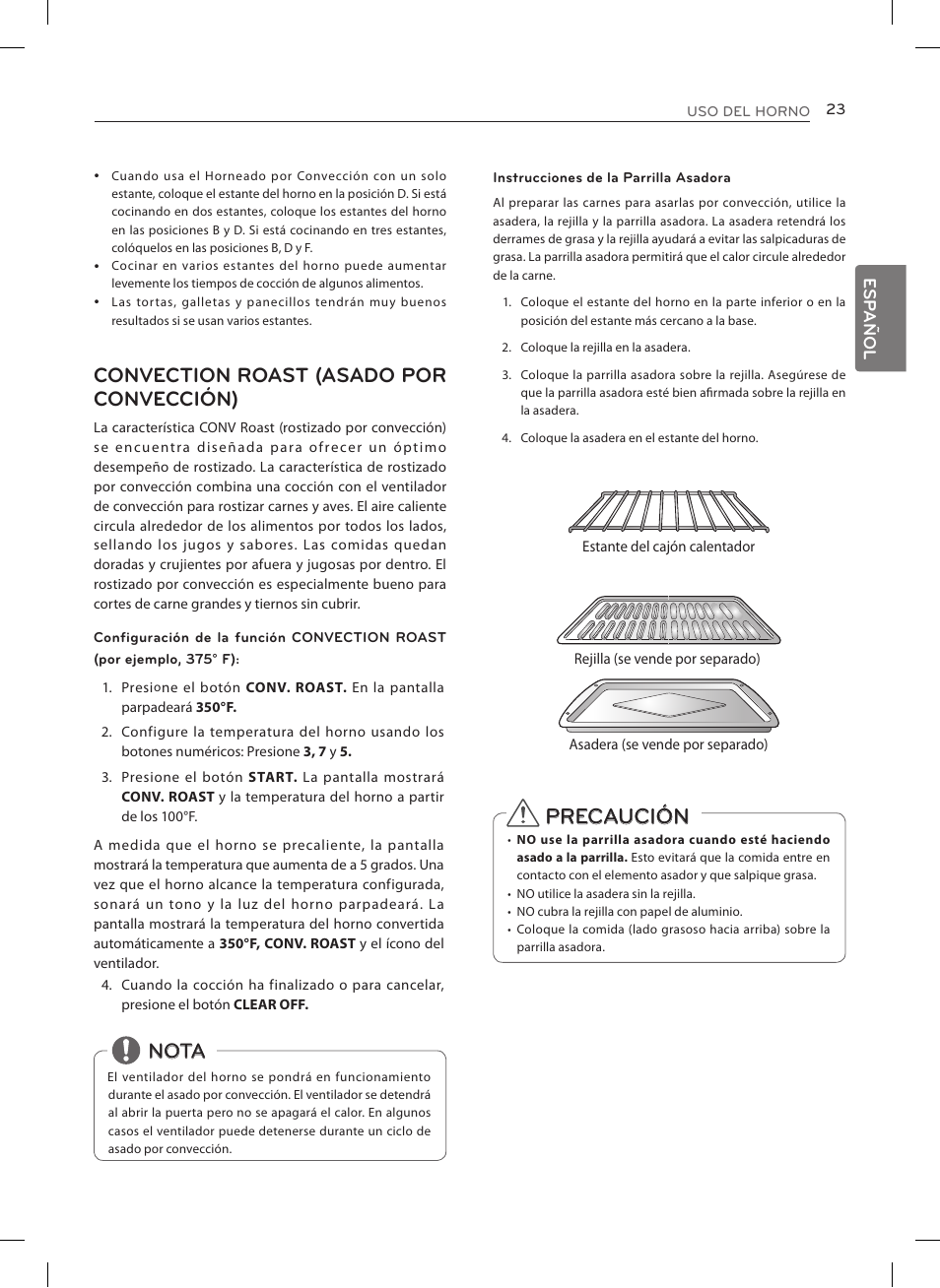 Precaución, Convection roast (asado por convección), Nota | Esp añol | LG LRE3027ST User Manual | Page 65 / 88