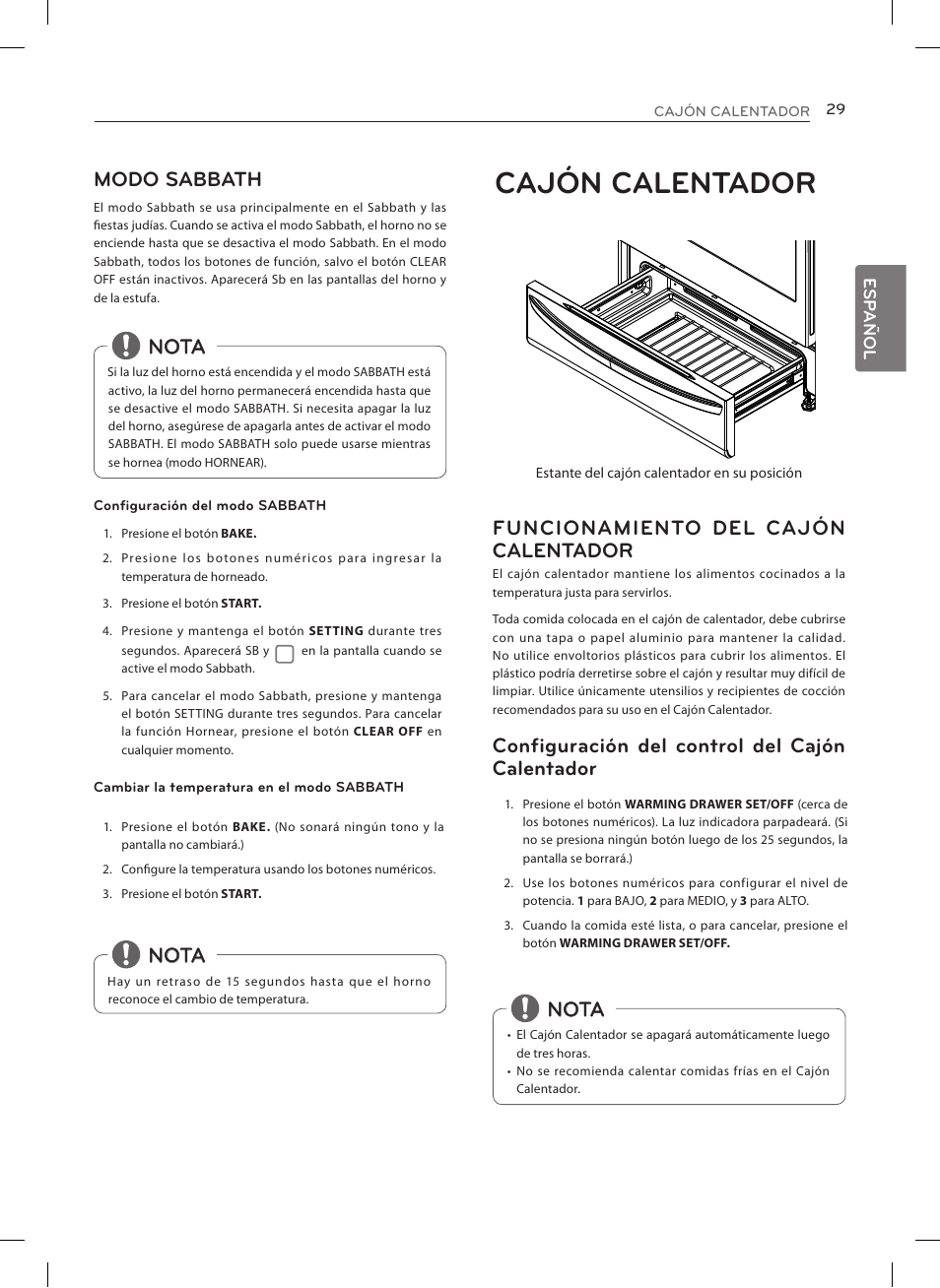 Cajón calentador, Modo sabbath, Nota | Funcionamiento del cajón calentador, Configuración del control del cajón calentador | LG LRE3027ST User Manual | Page 71 / 88