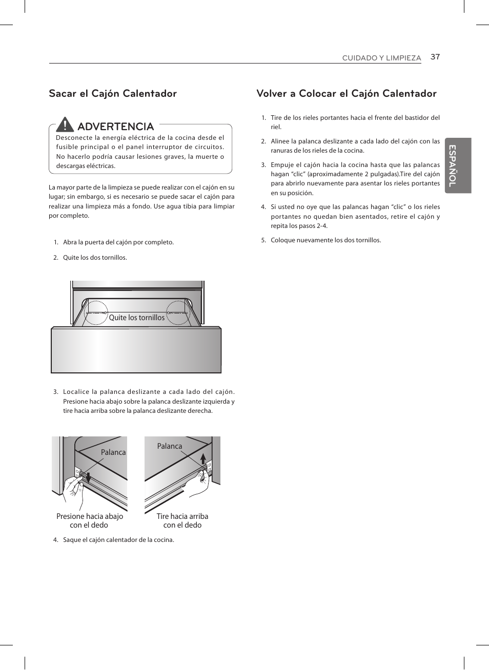 Sacar el cajón calentador, Advertencia, Volver a colocar el cajón calentador | LG LRE3027ST User Manual | Page 79 / 88