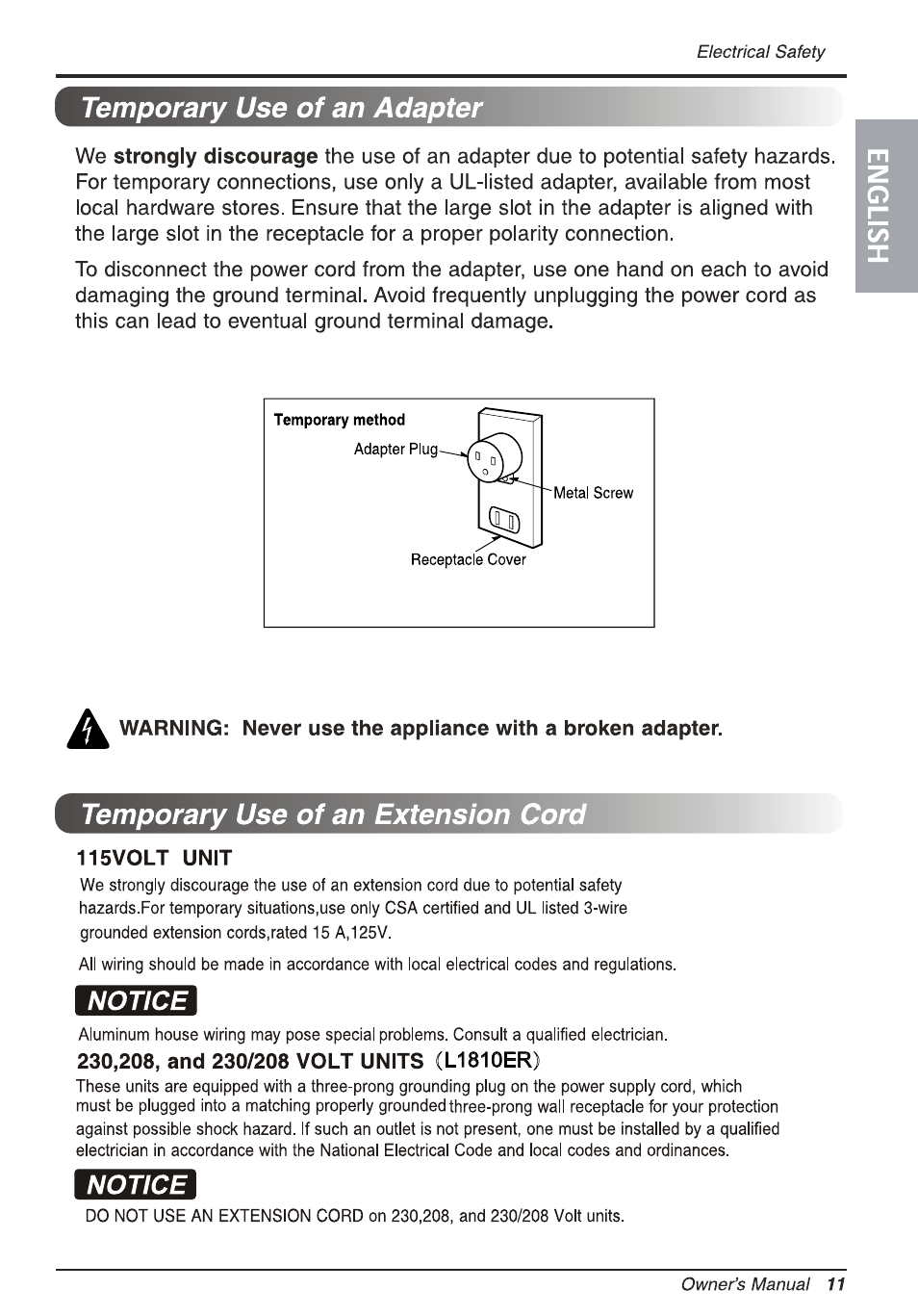 115volt unit, 230,208, and 230/208 volt units (l1810er), Temporary use of an adapter | Temporary use of an extension cord, Notice | LG L1810ER User Manual | Page 11 / 52