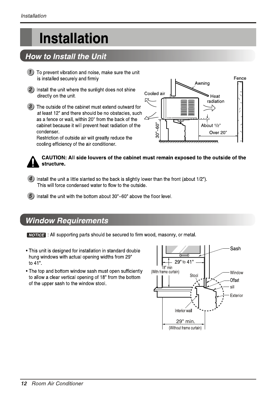 Installation, How to install the unit, Window requirements | LG L1810ER User Manual | Page 12 / 52