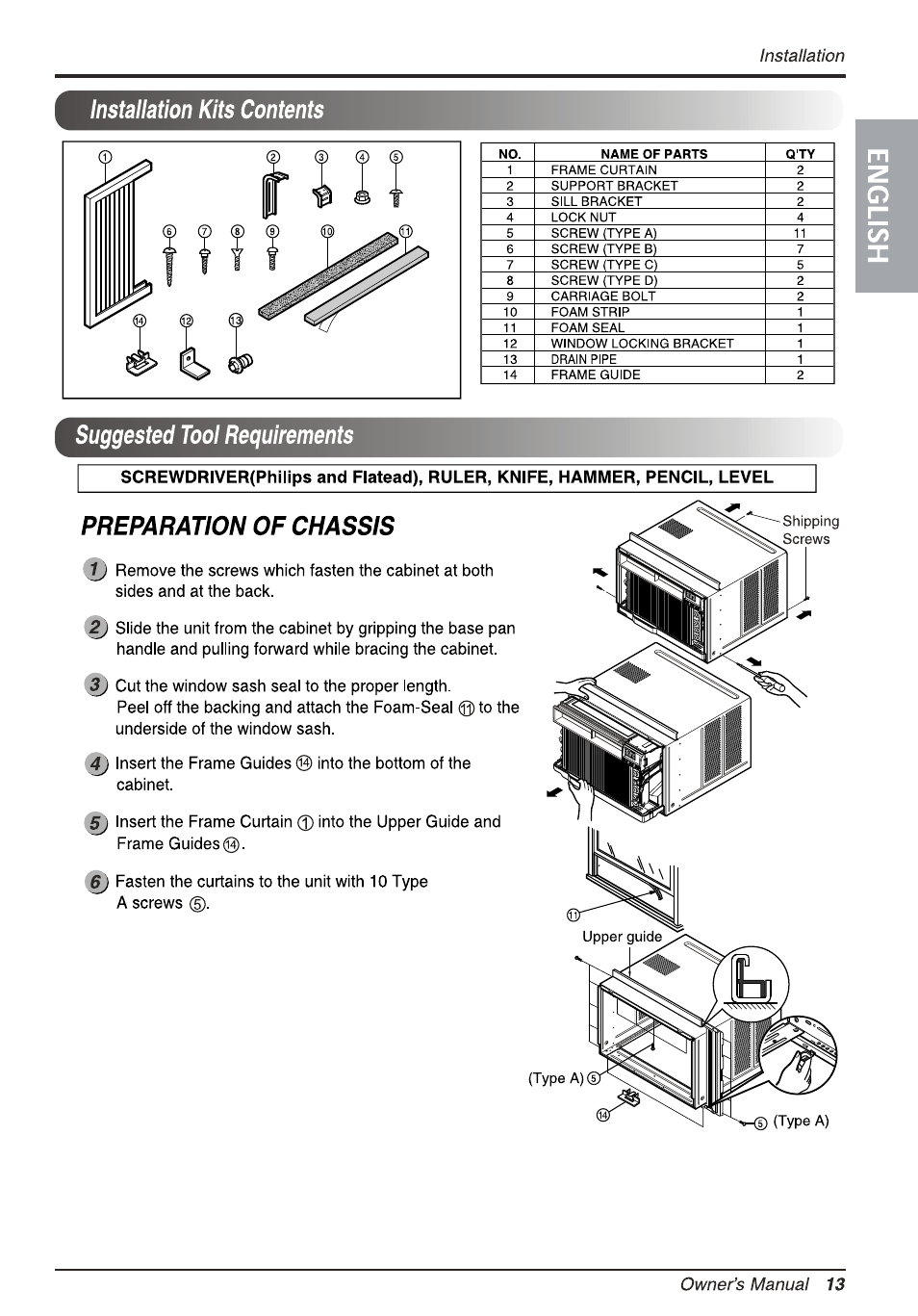 Preparation of chassis, Installation kits contents, Suggested tool requirements | LG L1810ER User Manual | Page 13 / 52