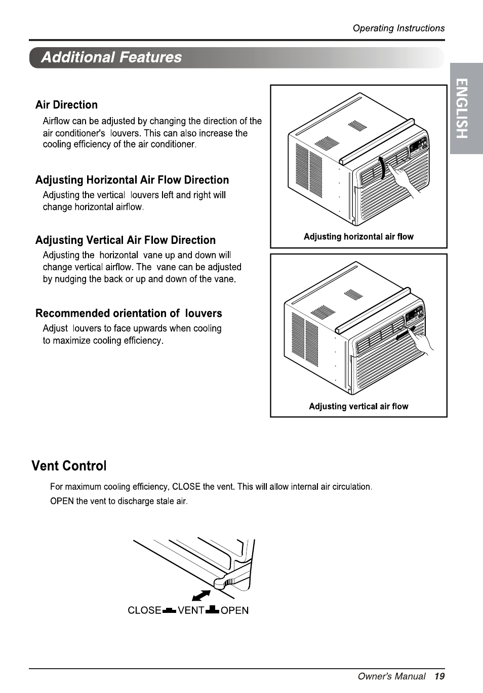 Air direction, Adjusting horizontai air fiow direction, Adjusting verticai air flow direction | Recommended orientation of iouvers, Vent control, Additional features | LG L1810ER User Manual | Page 19 / 52