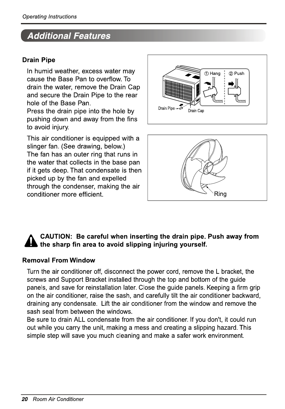 Drain pipe, Removal from window, Additional features | LG L1810ER User Manual | Page 20 / 52