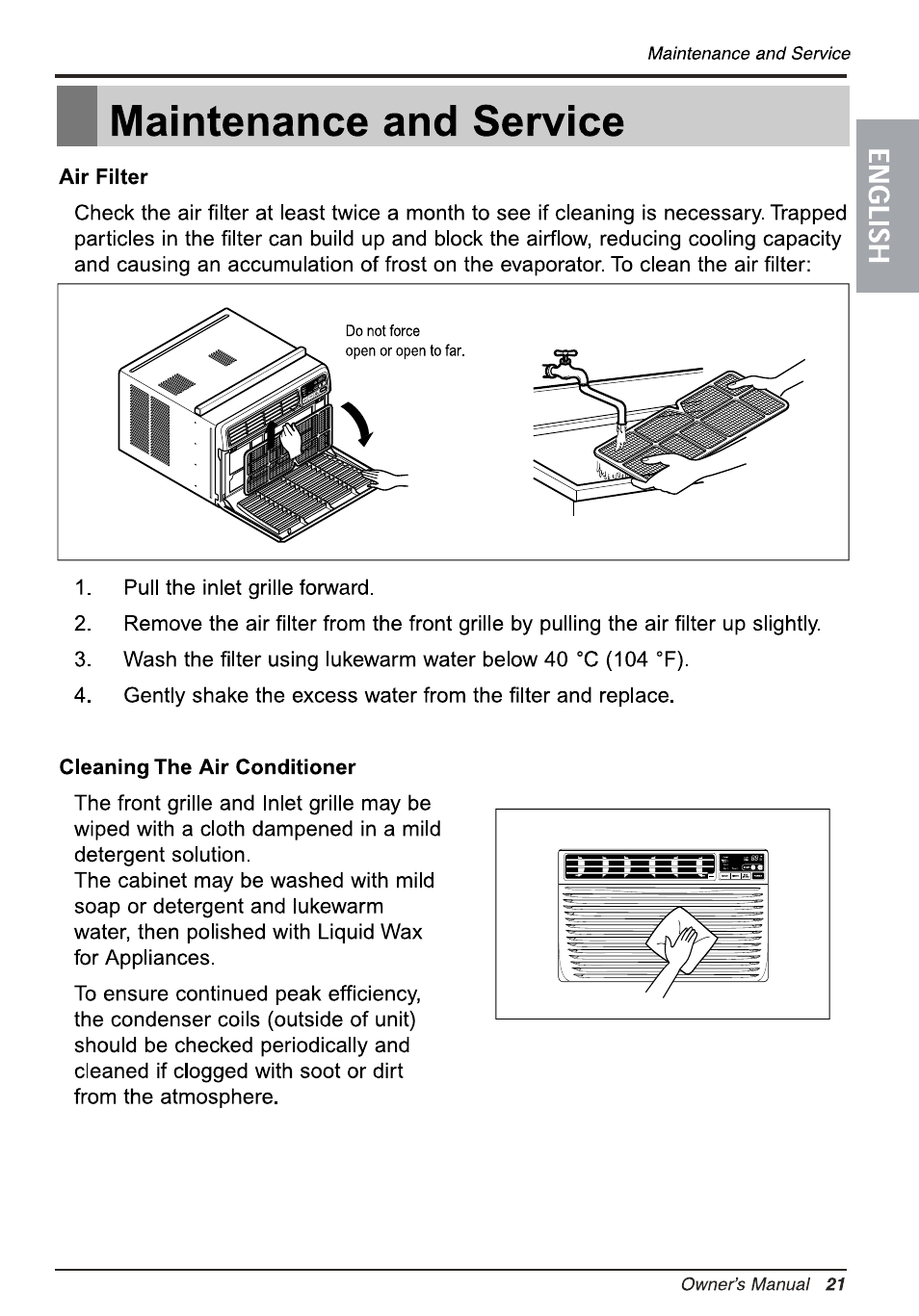 Maintenance and service, Air fiiter, Cleaning the air conditioner | Air filter | LG L1810ER User Manual | Page 21 / 52