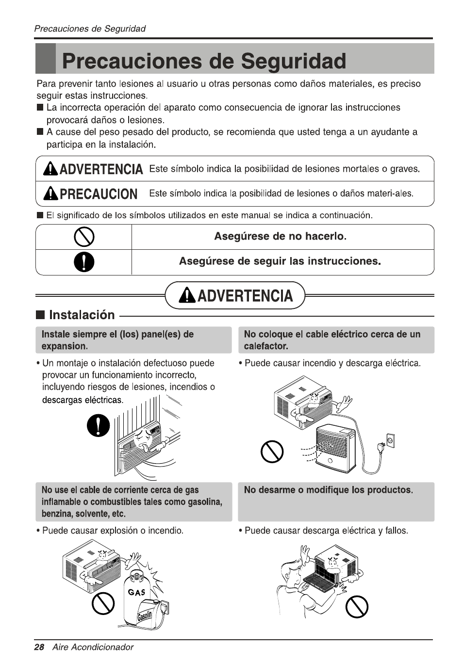 B precauciones de segurid, Instalación, Precauciones de seguridad | De instalación, Advertencia | LG L1810ER User Manual | Page 28 / 52