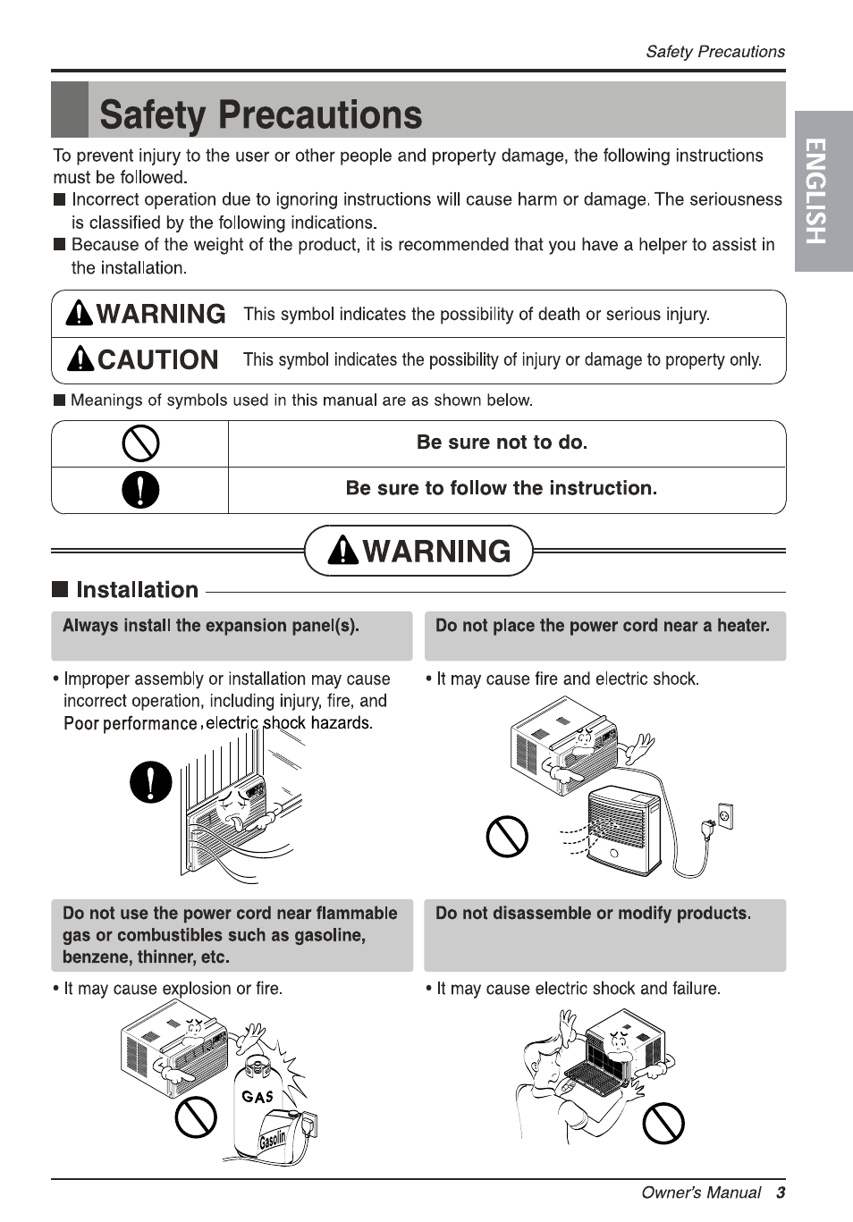 B safety precautions, Installation, Safety precautions | Warning, Caution | LG L1810ER User Manual | Page 3 / 52