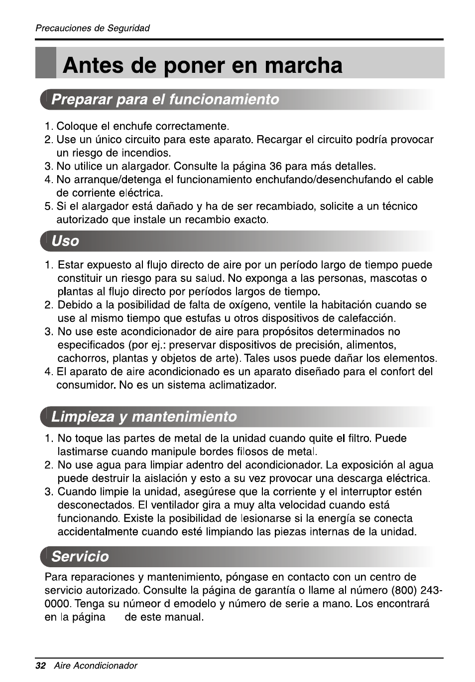 B antes de poner en marcha, Antes de poner en marcha, Preparar para el funcionamiento | Limpieza y mantenimiento, Servicio | LG L1810ER User Manual | Page 32 / 52
