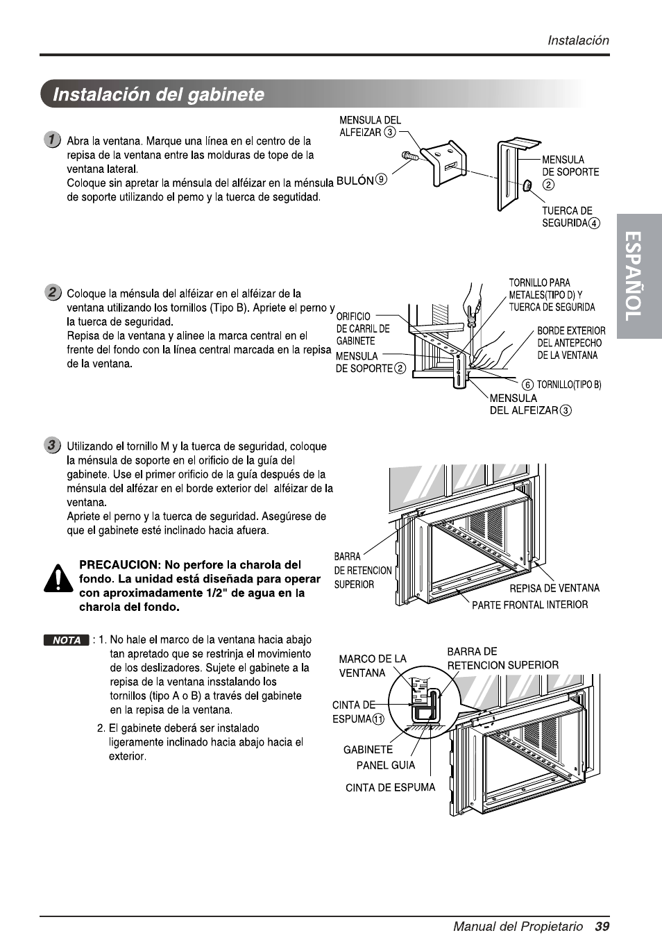 Instalación del gabinete | LG L1810ER User Manual | Page 39 / 52