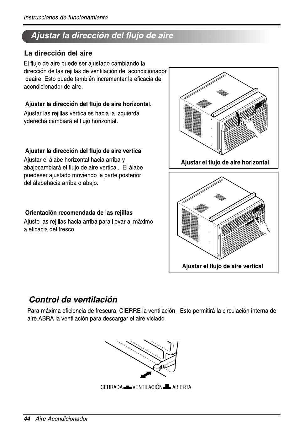 La dirección dei aire, La dirección del aire, Ajustar la dirección del flujo de aire | Control de ventilación | LG L1810ER User Manual | Page 44 / 52