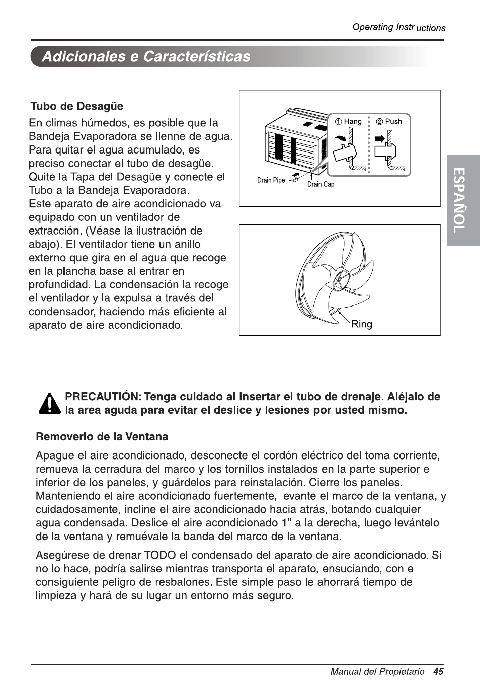 Tubo de desagüe, Removerlo de la ventana, Adicionales e características | LG L1810ER User Manual | Page 45 / 52