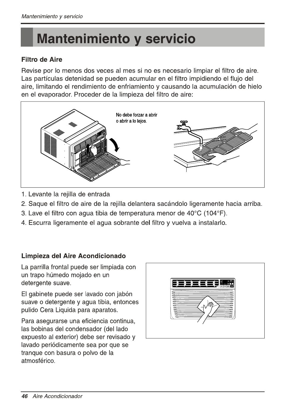 Mantenimiento y servicio, Fiitro de aire, Limpieza del aire acondicionado | Filtro de aire | LG L1810ER User Manual | Page 46 / 52