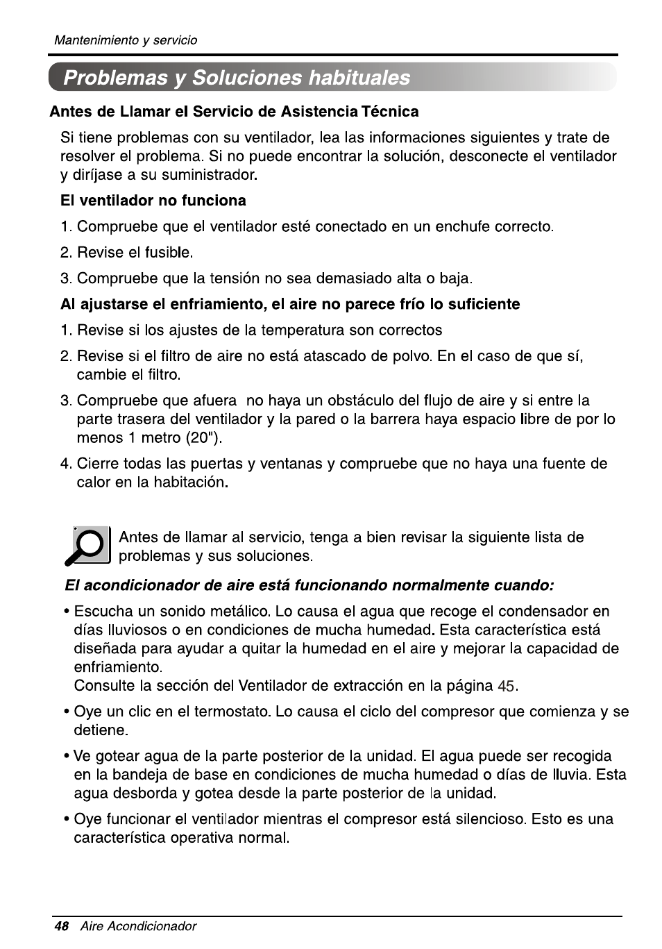 Antes de llamar el servicio de asistencia técnica, El ventilador no funciona, Problemas y soluciones habituales | LG L1810ER User Manual | Page 48 / 52