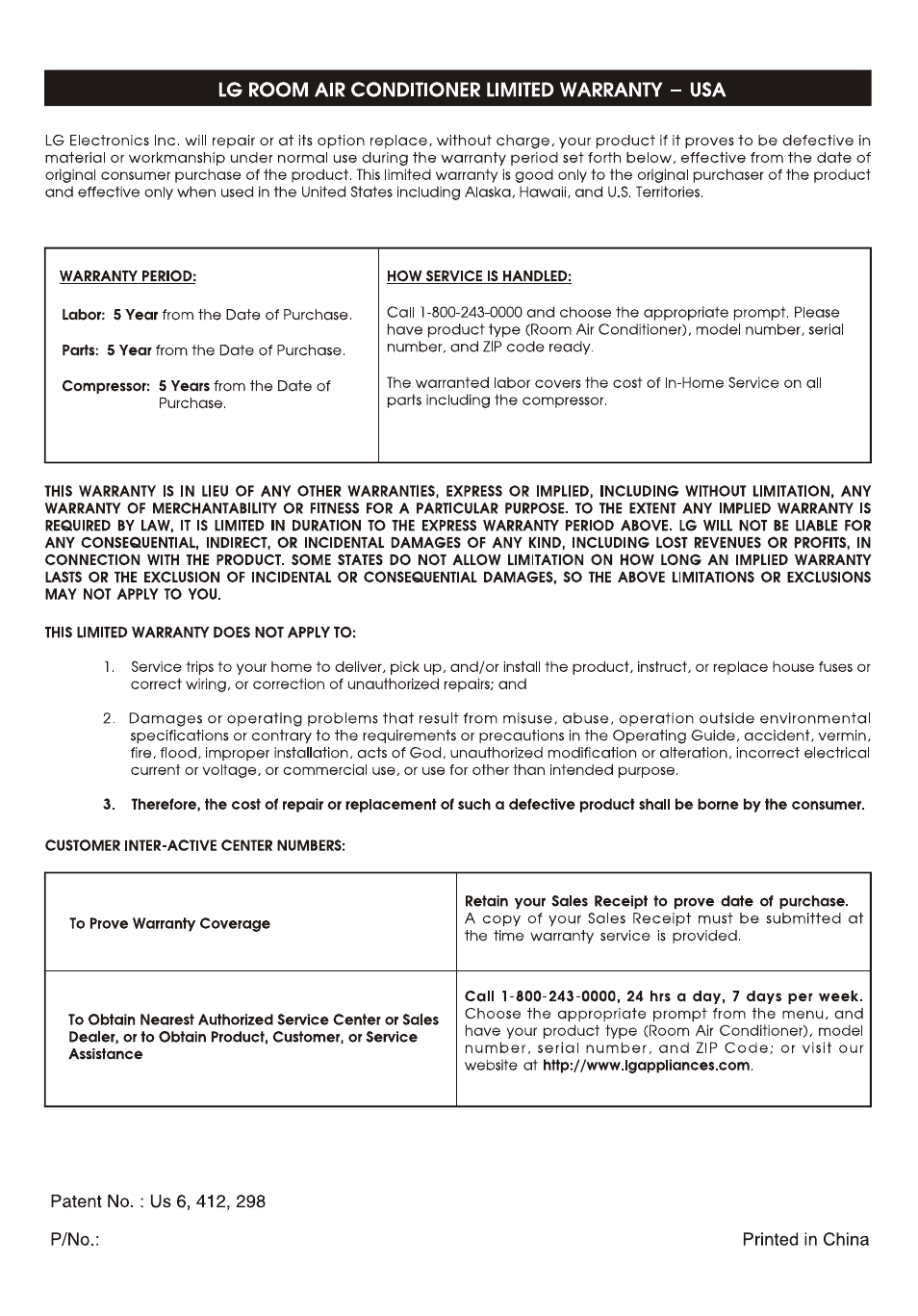 Lg room air conditioner limited warranty - usa | LG L1810ER User Manual | Page 52 / 52