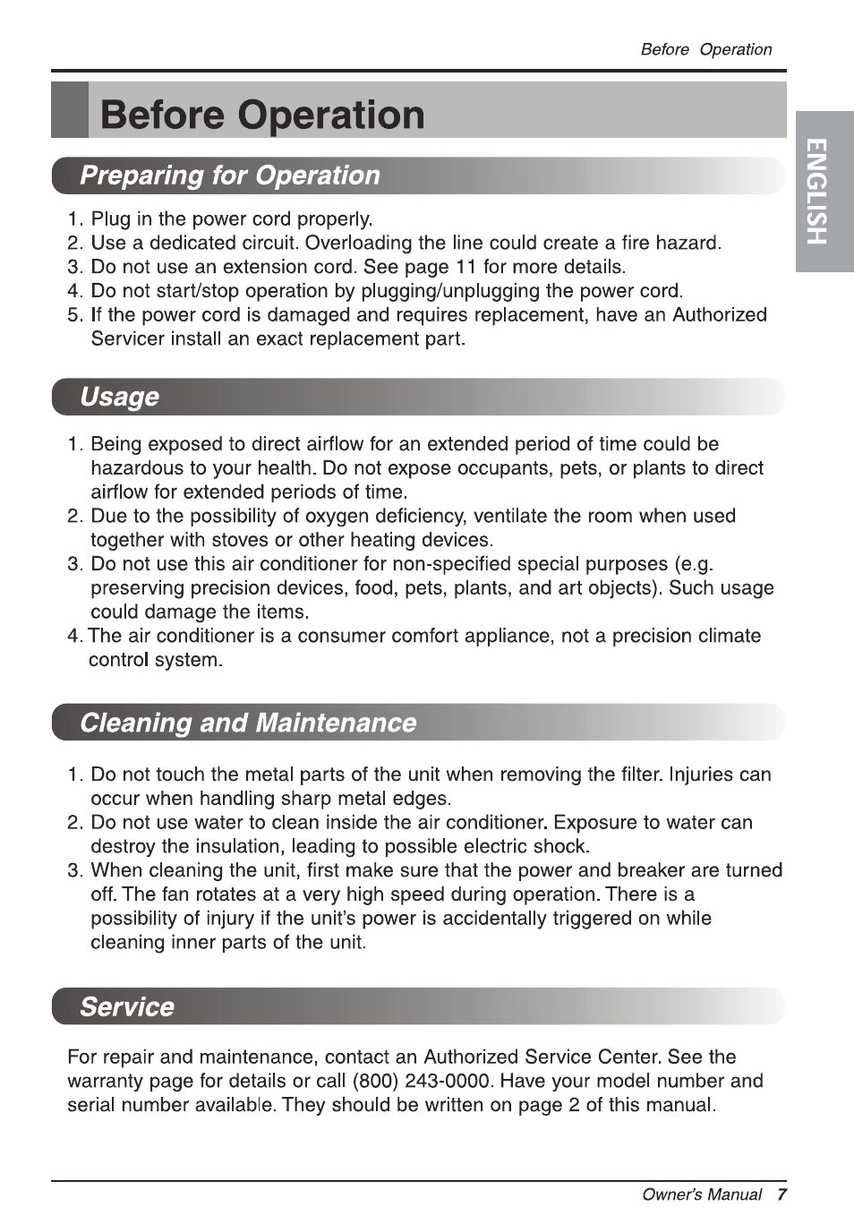 B before operation, Before operation, Preparing for operation | Usage, Cleaning and maintenance, Service | LG L1810ER User Manual | Page 7 / 52