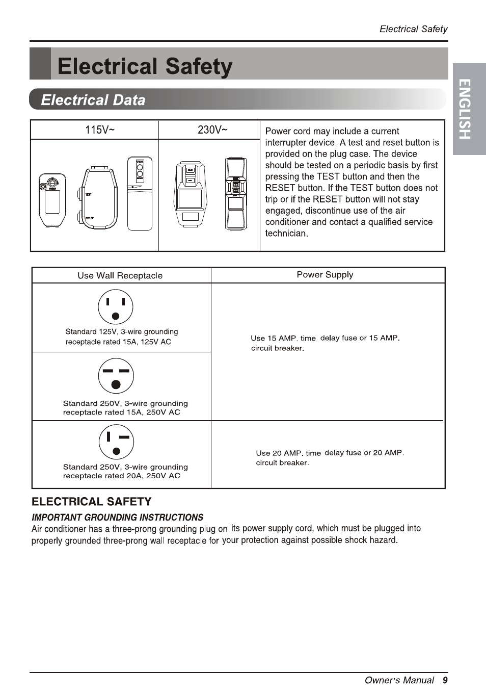 B electrical safety, Electrical safety, Electrical data | LG L1810ER User Manual | Page 9 / 52