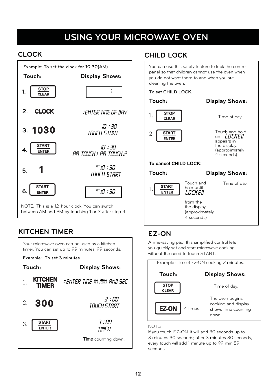 Using your microwave oven, Clock, Child lock | Kitchen timer, Ez-on | LG LSRM2010ST User Manual | Page 12 / 27