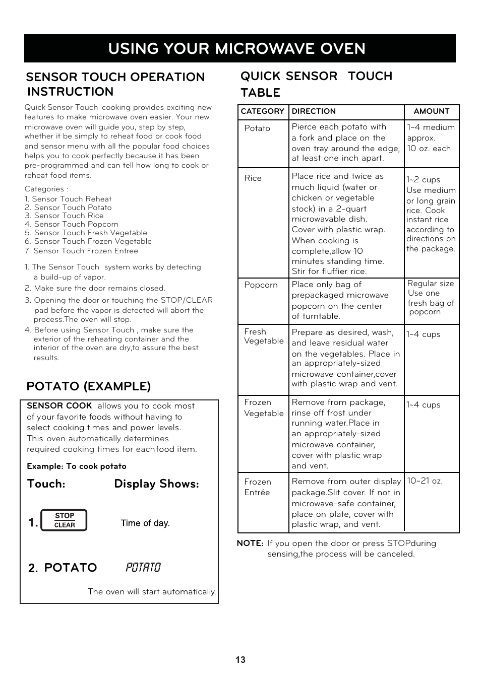 Using your microwave oven, Touch: display shows, Potato | Quick   table touch sensor | LG LSRM2010ST User Manual | Page 13 / 27
