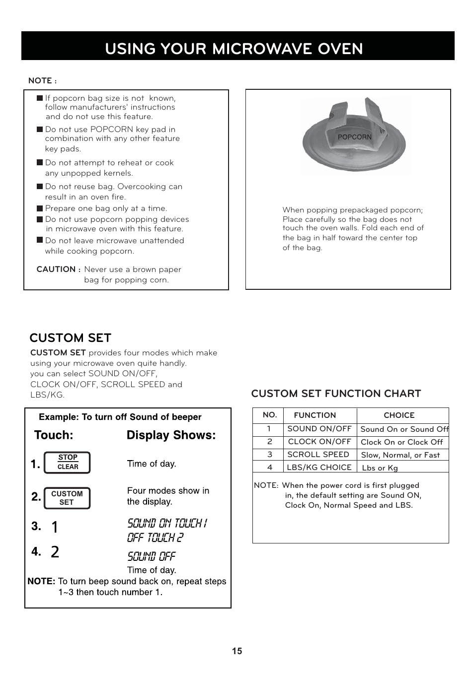 Using your microwave oven, Custom set, Sound on touch 1 off touch 2 sound off | Custom set function chart | LG LSRM2010ST User Manual | Page 15 / 27