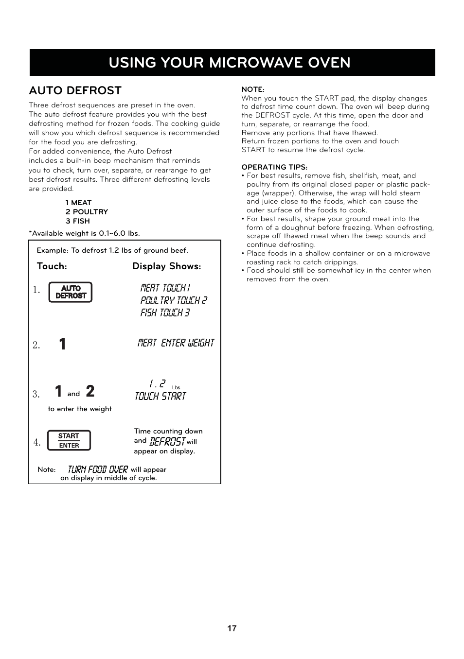 Using your microwave oven, Auto defrost, Def ros t | LG LSRM2010ST User Manual | Page 17 / 27