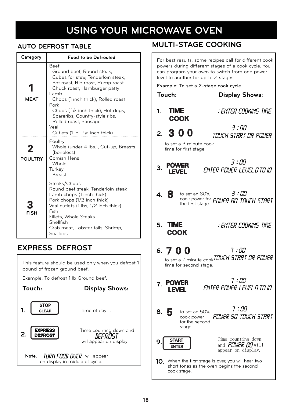 Using your microwave oven, Express defrost, Multi-stage cooking | Def ros t | LG LSRM2010ST User Manual | Page 18 / 27