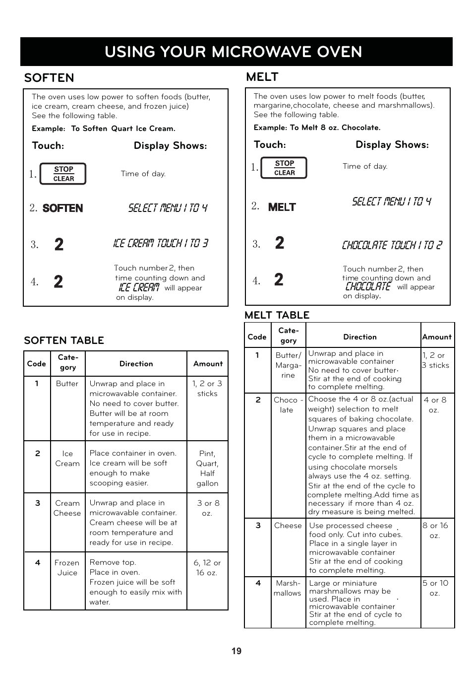 Using your microwave oven, Soften, Melt | Touch: display shows, Soften table, Melt table | LG LSRM2010ST User Manual | Page 19 / 27