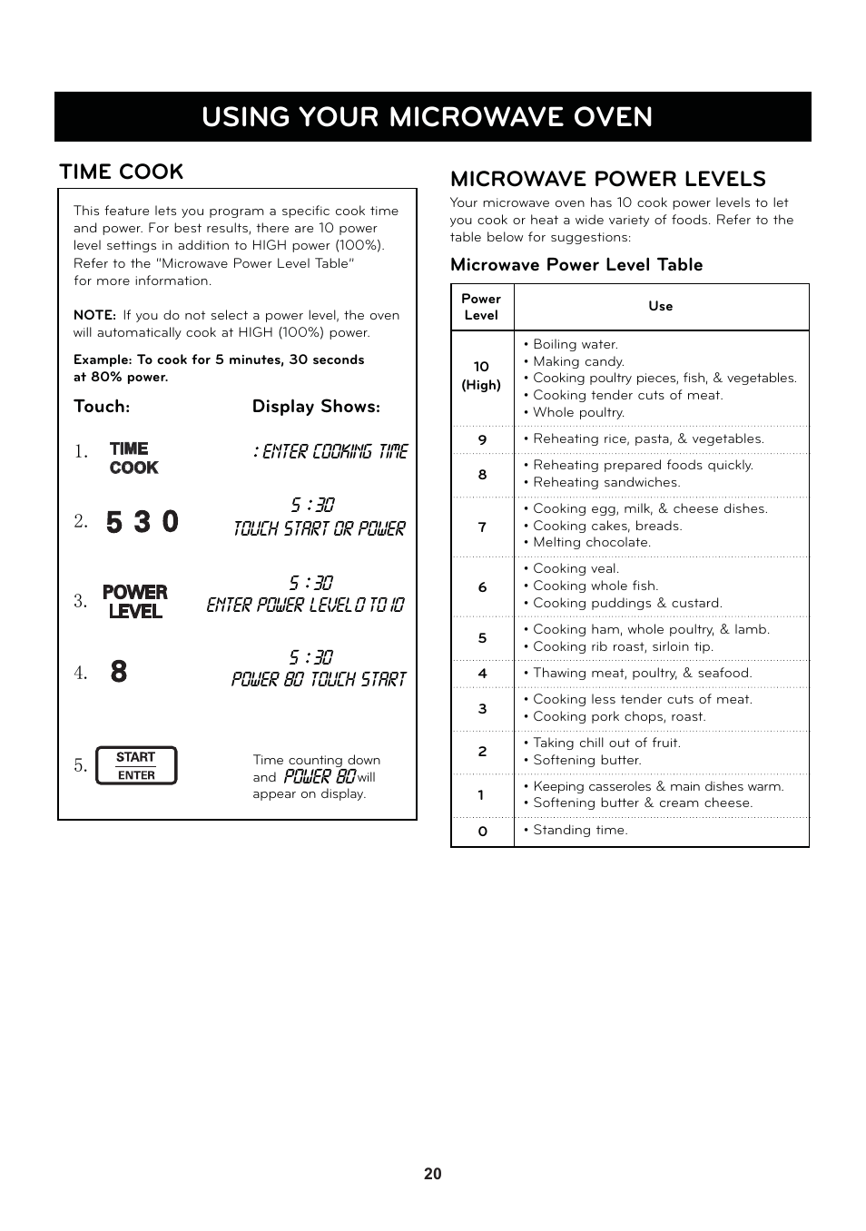Using your microwave oven, Time cook, Microwave power levels | LG LSRM2010ST User Manual | Page 20 / 27