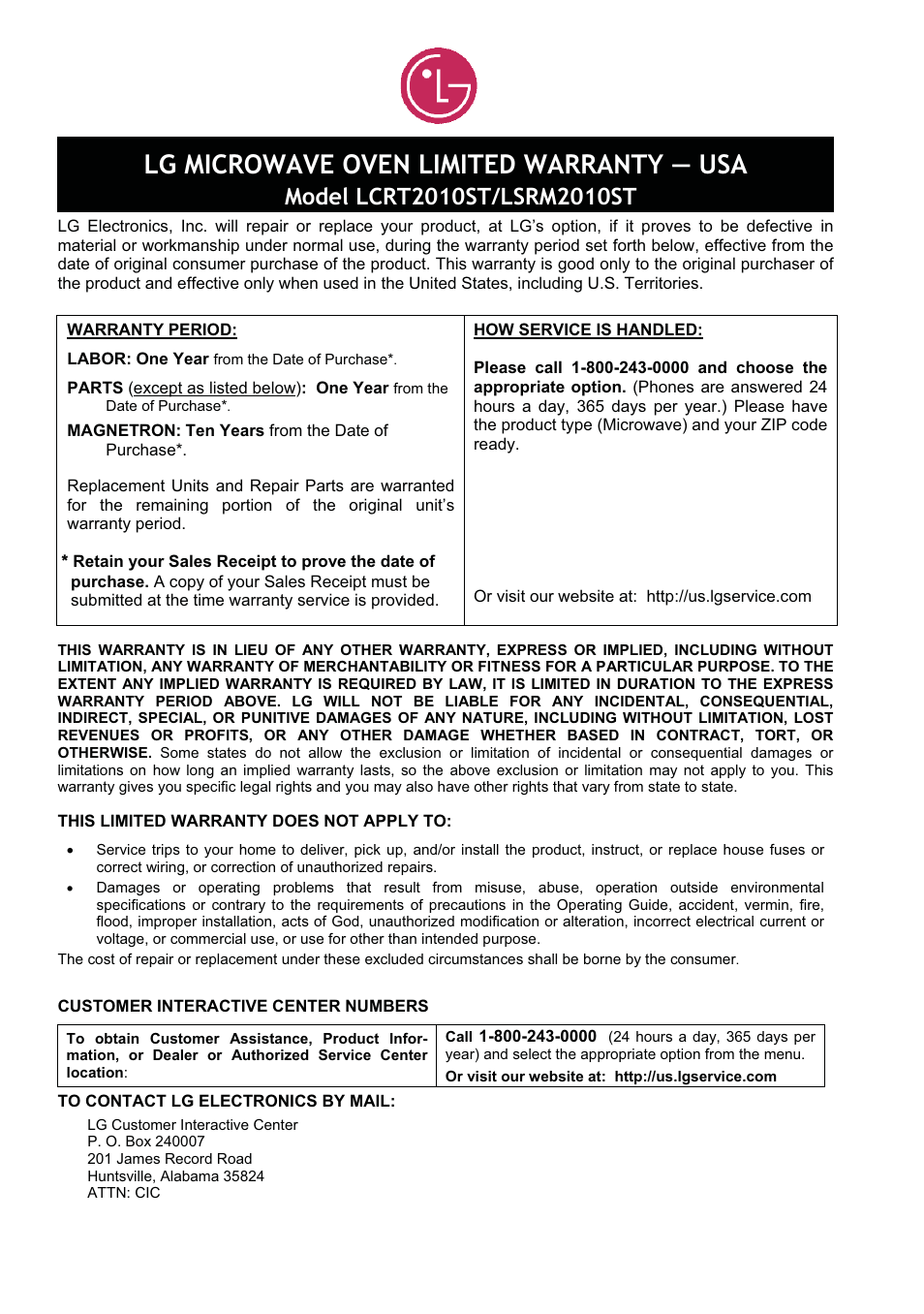 Lg microwave oven limited warranty — usa | LG LSRM2010ST User Manual | Page 26 / 27