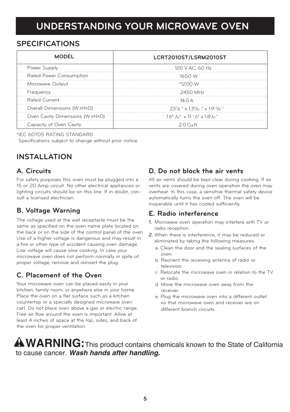 Warning, Understanding your microwave oven, Specifications | Installation, A. circuits, B. voltage warning, C. placement of the oven, D. do not block the air vents, E. radio interference | LG LSRM2010ST User Manual | Page 5 / 27