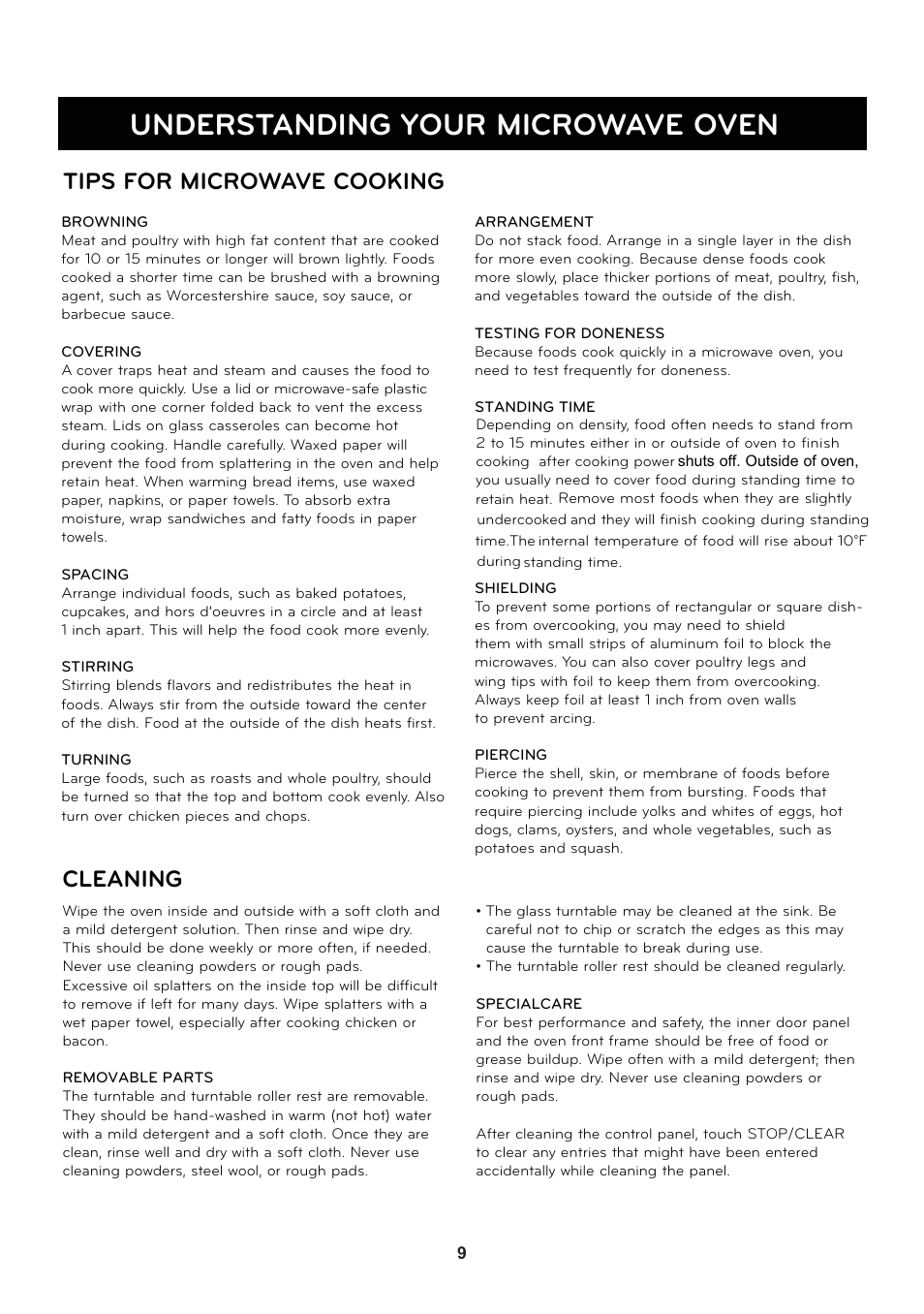 Understanding your microwave oven, Tips for microwave cooking, Cleaning | LG LSRM2010ST User Manual | Page 9 / 27