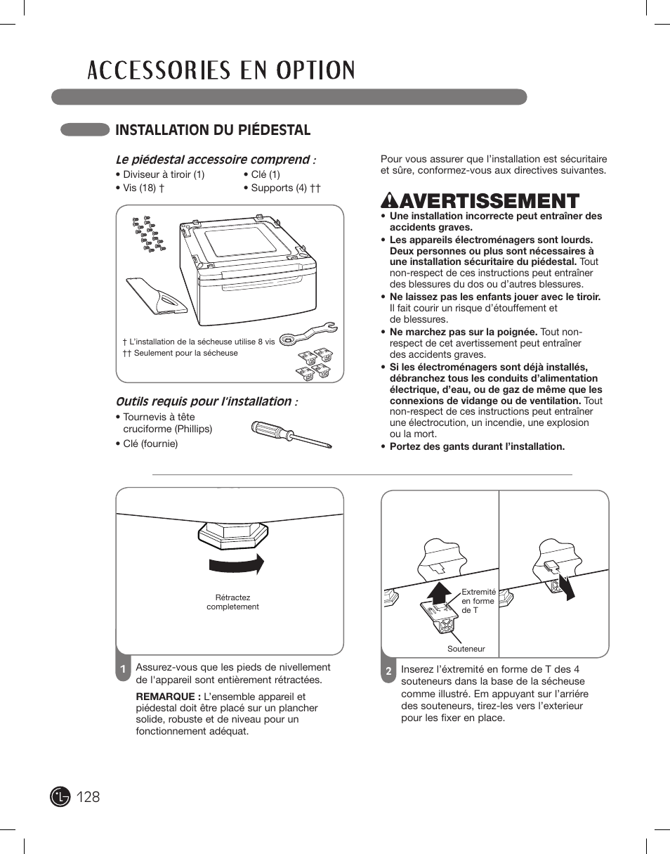 Wavertissement, Installation du piédestal | LG DLEX2801R User Manual | Page 128 / 132