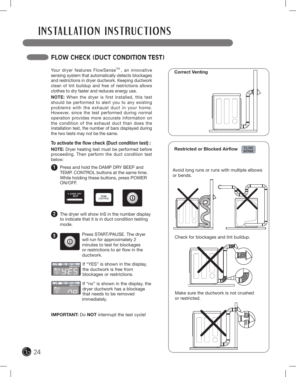 Flow check (duct condition test) | LG DLEX2801R User Manual | Page 24 / 132
