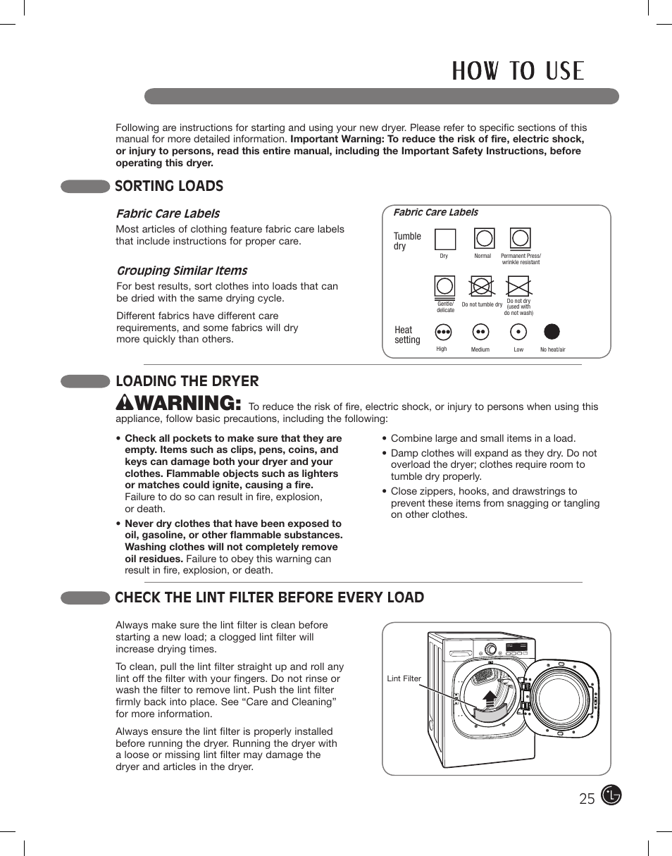 Wwarning, Sorting loads, Check the lint filter before every load | Loading the dryer | LG DLEX2801R User Manual | Page 25 / 132