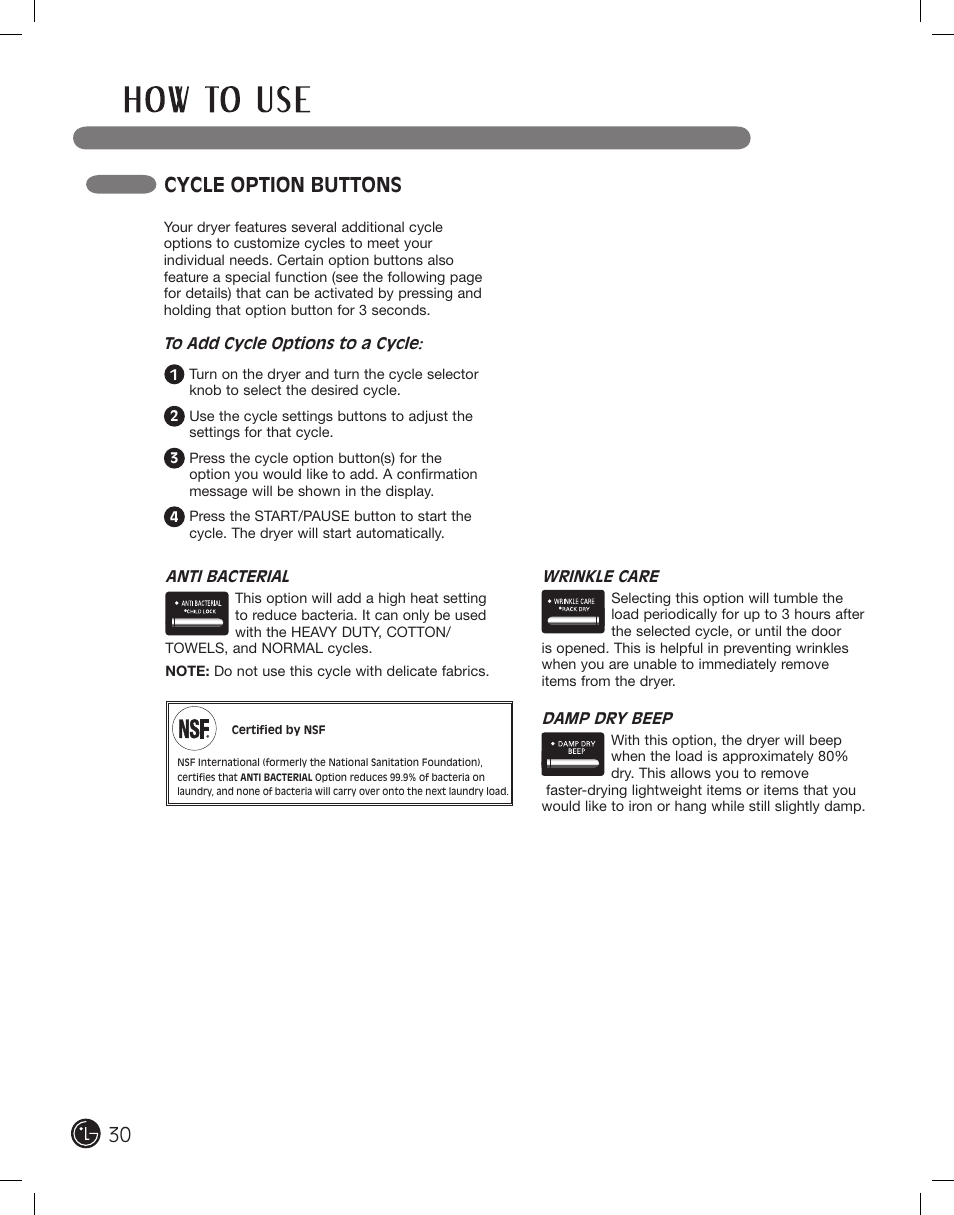 Cycle option buttons | LG DLEX2801R User Manual | Page 30 / 132