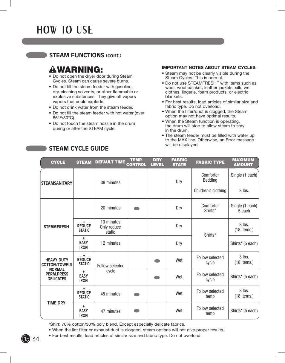 Wwarning, Steam cycle guide, Steam functions | LG DLEX2801R User Manual | Page 34 / 132
