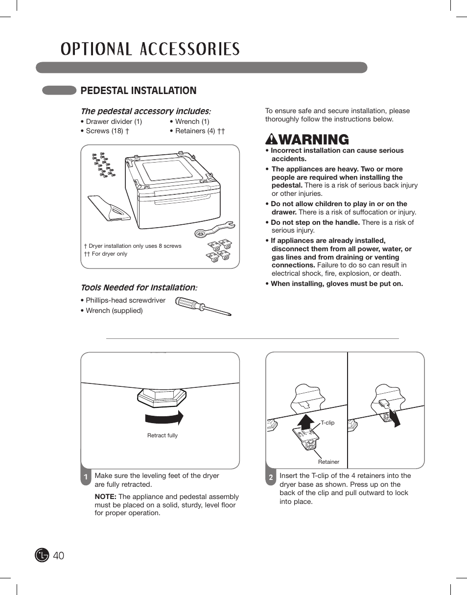 Wwarning, Pedestal installation | LG DLEX2801R User Manual | Page 40 / 132