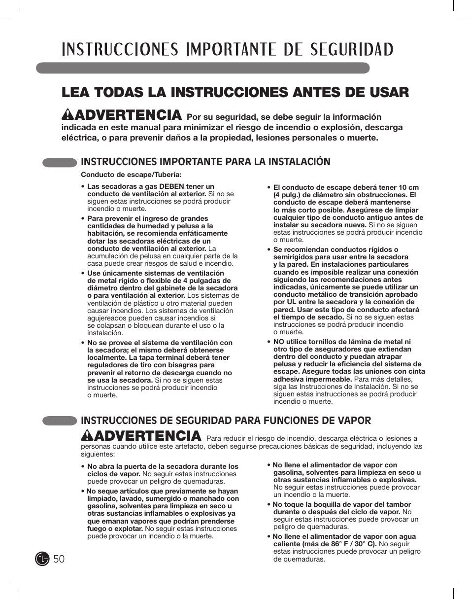 Wadvertencia | LG DLEX2801R User Manual | Page 50 / 132