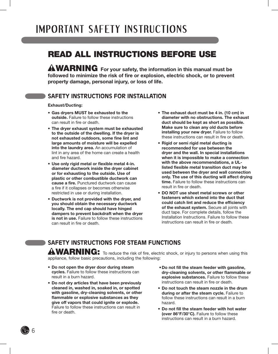 Read all instructions before use, Wwarning, Safety instructions for installation | Safety instructions for steam functions | LG DLEX2801R User Manual | Page 6 / 132