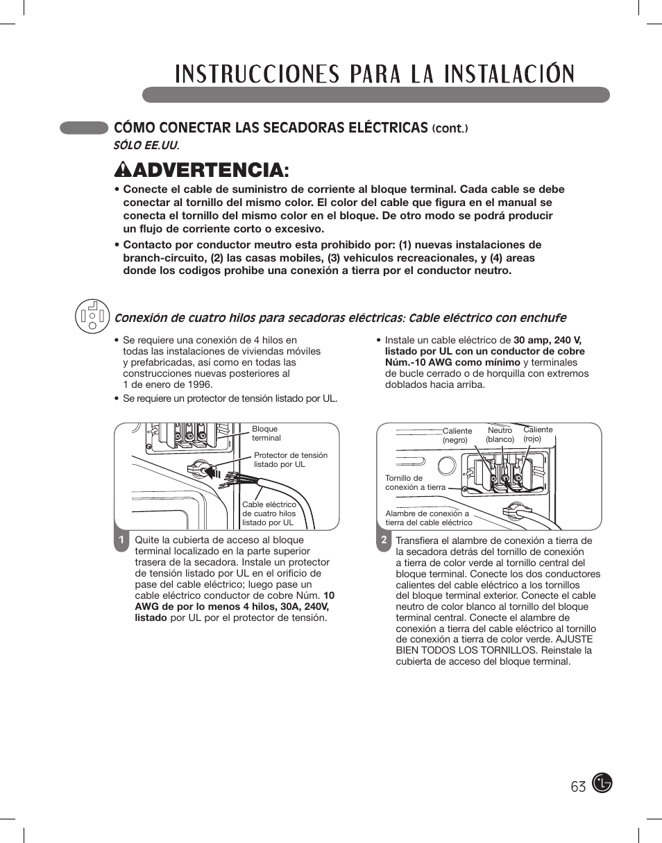 Wadvertencia, Cómo conectar las secadoras eléctricas | LG DLEX2801R User Manual | Page 63 / 132
