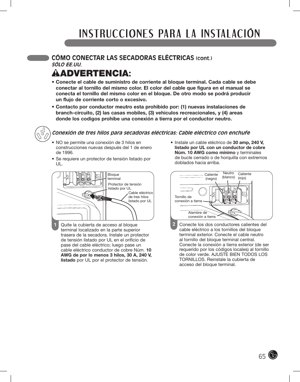 Wadvertencia, Cómo conectar las secadoras eléctricas | LG DLEX2801R User Manual | Page 65 / 132