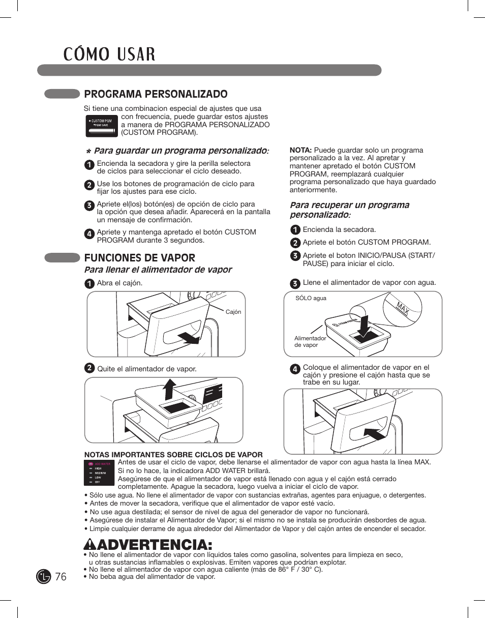 Wadvertencia, Programa personalizado, Funciones de vapor | LG DLEX2801R User Manual | Page 76 / 132