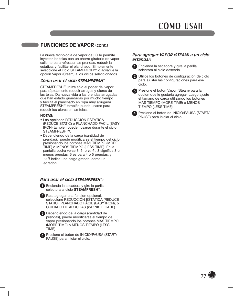 Funciones de vapor | LG DLEX2801R User Manual | Page 77 / 132