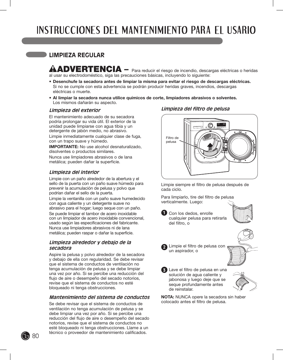 Wadvertencia, Limpieza regular | LG DLEX2801R User Manual | Page 80 / 132
