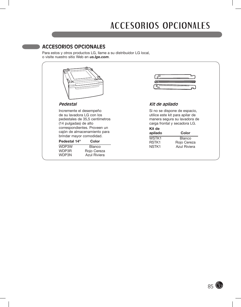 Accesorios opcionales | LG DLEX2801R User Manual | Page 85 / 132