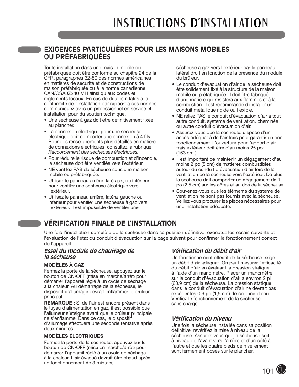 Vérification finale de l’installation | LG DLG2302W User Manual | Page 101 / 124