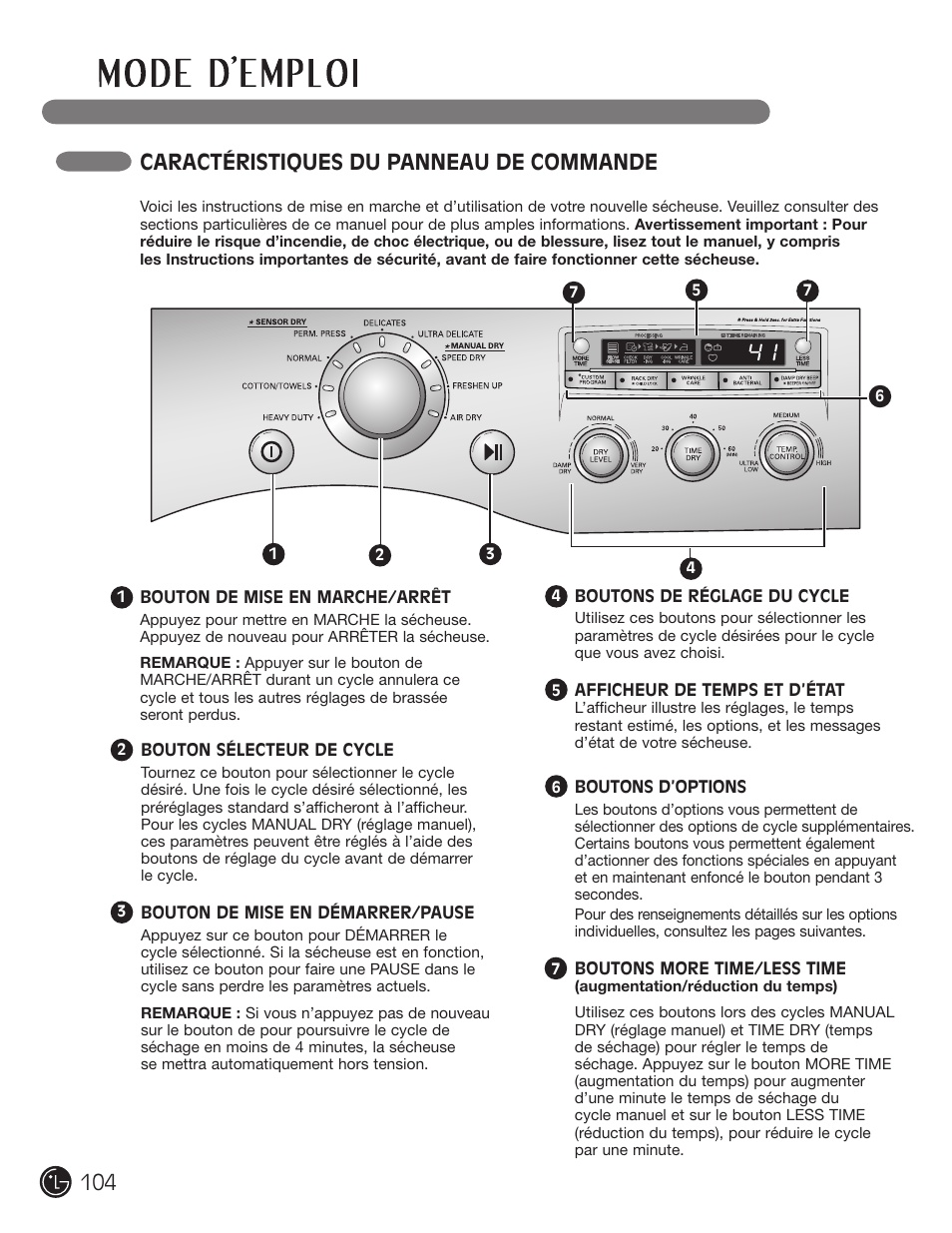 Caractéristiques du panneau de commande | LG DLG2302W User Manual | Page 104 / 124