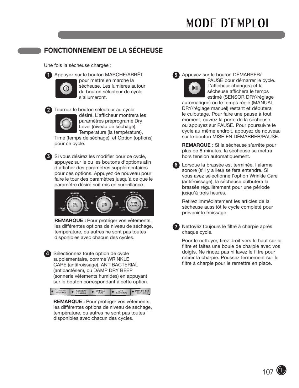 Fonctionnement de la sécheuse | LG DLG2302W User Manual | Page 107 / 124