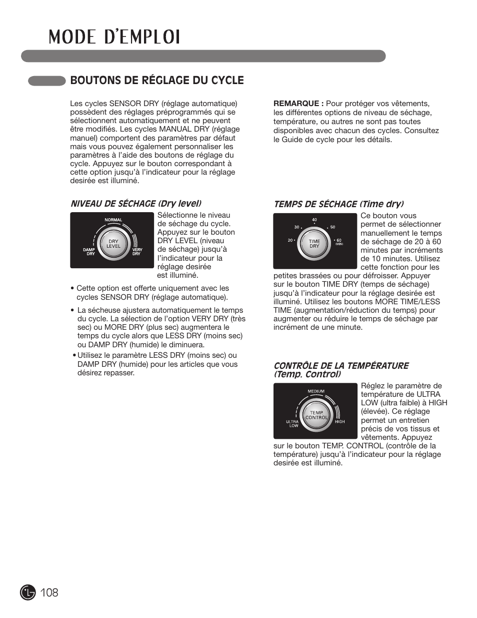 Boutons de réglage du cycle | LG DLG2302W User Manual | Page 108 / 124