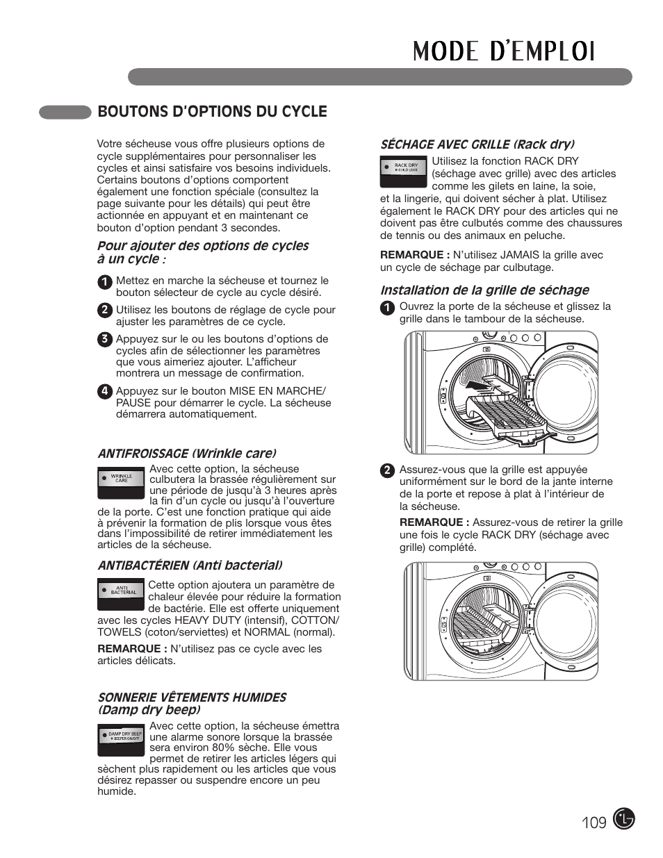 Boutons d’options du cycle | LG DLG2302W User Manual | Page 109 / 124